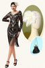 Charger l&#39;image dans la galerie, Noir Manches Longues Franges Pailletés 1920s Gatsby Flapper Robe avec 20s Accessoires Set