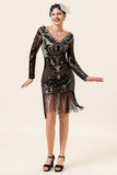 Noir Manches Longues Franges Pailletés 1920s Gatsby Flapper Robe avec 20s Accessoires Set