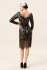Charger l&#39;image dans la galerie, Noir Manches Longues Franges Pailletés 1920s Gatsby Flapper Robe avec 20s Accessoires Set