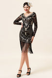 Noir Manches Longues Franges Pailletés 1920s Gatsby Flapper Robe avec 20s Accessoires Set