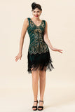 Franges à paillettes vert foncé Robe Gatsby Flapper des années 20 avec ensemble d’accessoires des années 20