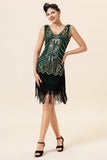 Franges à paillettes vert foncé Robe Gatsby Flapper des années 20 avec ensemble d’accessoires des années 20