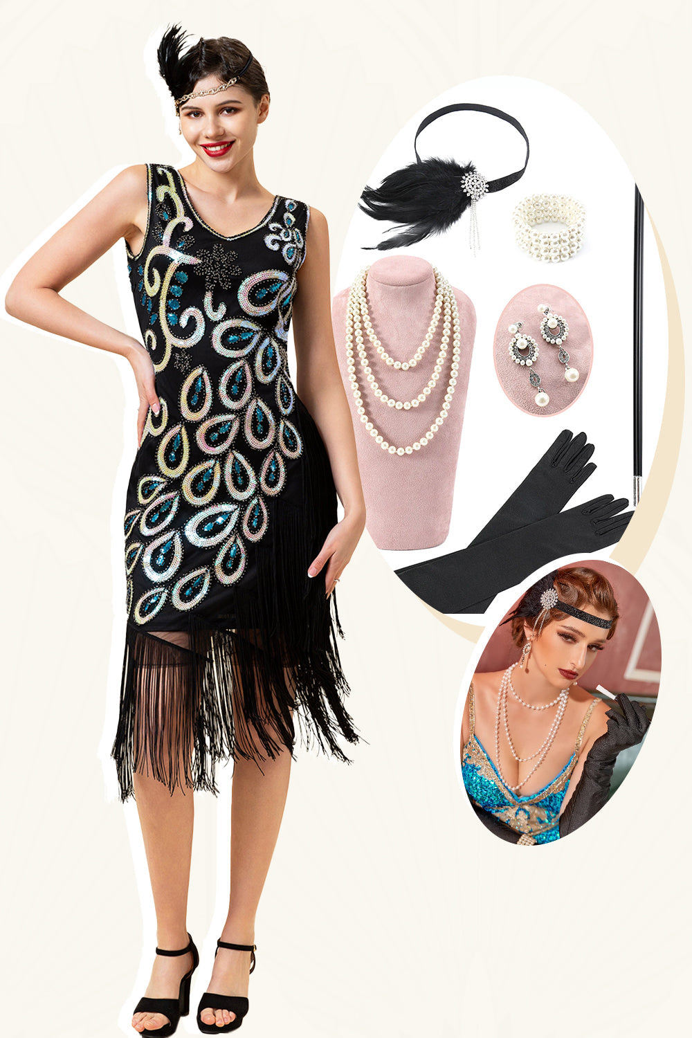 Franges à paillettes noires et bleues Robe Gatsby Flapper des années 20 avec ensemble d’accessoires des années 20