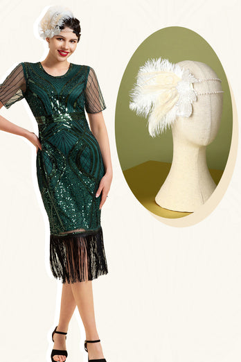 Vert foncé Manches courtes Franges à paillettes 1920s Gatsby Flapper Robe avec accessoires des années 20