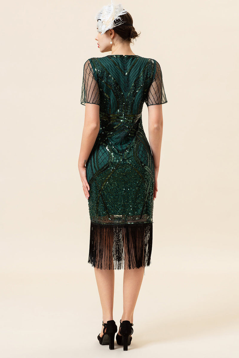 Charger l&#39;image dans la galerie, Vert foncé Manches courtes Franges à paillettes 1920s Gatsby Flapper Robe avec accessoires des années 20