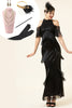 Charger l&#39;image dans la galerie, Franges à paillettes noires Longues années 20 Gatsby Flapper Robe avec accessoires des années 20