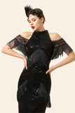 Franges à paillettes noires Longues années 20 Gatsby Flapper Robe avec accessoires des années 20