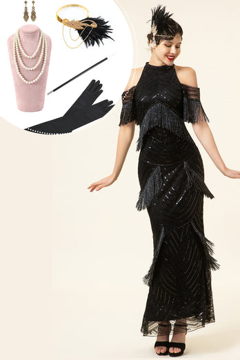 Franges à paillettes noires Longues années 20 Gatsby Flapper Robe avec accessoires des années 20