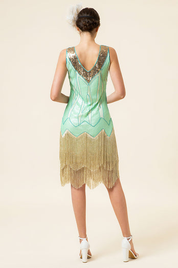 Menthe Green Sequined Fringes 1920s Gatsby Flapper Robe avec accessoires des années 20 Set
