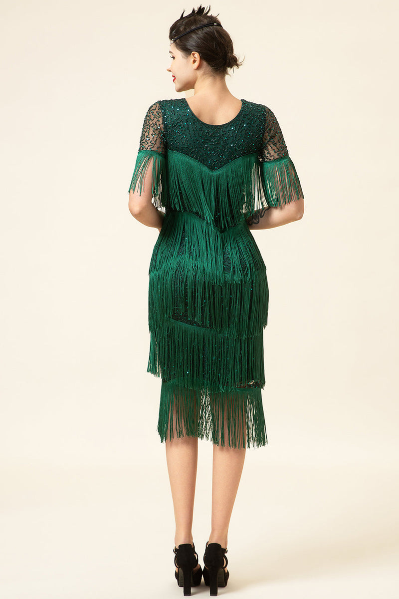 Charger l&#39;image dans la galerie, Vert foncé Manches courtes Franges à paillettes 1920s Robe avec accessoires