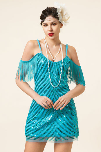 Franges à paillettes turquoise Robe de soirée à clapet Gatsby des années 20 avec accessoires des années 20 Set