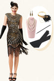 Casquette noire et dorée Manches Franges pailletées Années 20 Robe de soirée à clapet Gatsby avec 20s Accessoires Set