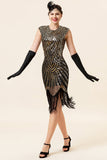 Casquette noire et dorée Manches Franges pailletées Années 20 Robe de soirée à clapet Gatsby avec 20s Accessoires Set