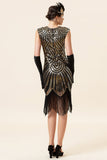 Casquette noire et dorée Manches Franges pailletées Années 20 Robe de soirée à clapet Gatsby avec 20s Accessoires Set
