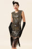 Charger l&#39;image dans la galerie, Casquette noire et dorée Manches Franges pailletées Années 20 Robe de soirée à clapet Gatsby avec 20s Accessoires Set