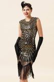 Casquette noire et dorée Manches Franges pailletées Années 20 Robe de soirée à clapet Gatsby avec 20s Accessoires Set