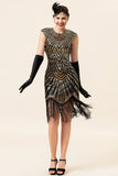 Casquette noire et dorée Manches Franges pailletées Années 20 Robe de soirée à clapet Gatsby avec 20s Accessoires Set