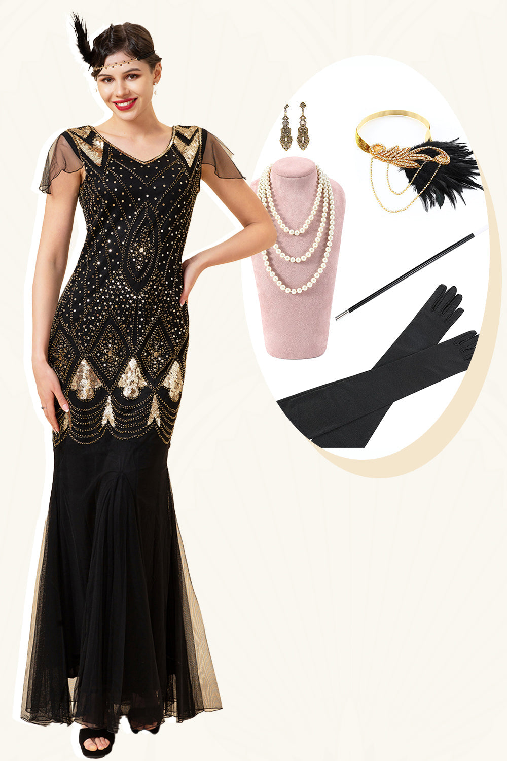 Manches casquettes noires et dorées Sequined Long 1920s Gatsby Flapper Dress avec 20s Accessoires Set