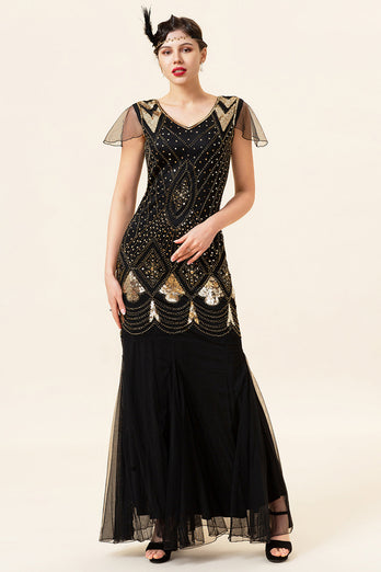 Manches casquettes noires et dorées Sequined Long 1920s Gatsby Flapper Dress avec 20s Accessoires Set
