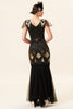 Charger l&#39;image dans la galerie, Manches casquettes noires et dorées Sequined Long 1920s Gatsby Flapper Dress avec 20s Accessoires Set