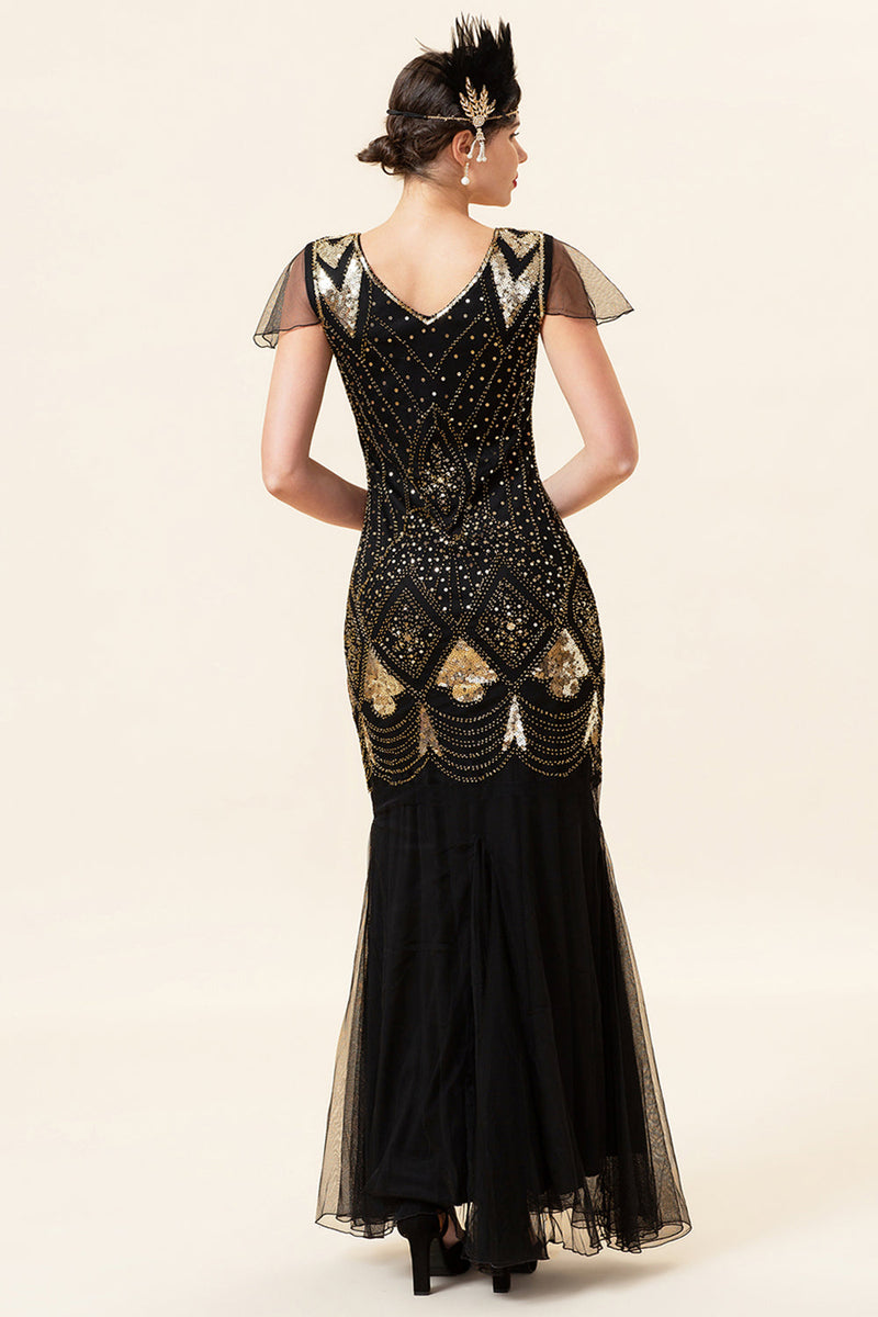 Charger l&#39;image dans la galerie, Manches casquettes noires et dorées Sequined Long 1920s Gatsby Flapper Dress avec 20s Accessoires Set