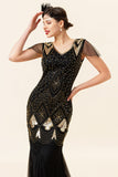 Manches casquettes noires et dorées Sequined Long 1920s Gatsby Flapper Dress avec 20s Accessoires Set