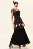 Manches casquettes noires et dorées Sequined Long 1920s Gatsby Flapper Dress avec 20s Accessoires Set