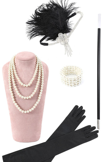 Robe à clapet Gatsby à col en V noir des années 20 avec ensemble d’accessoires des années 20