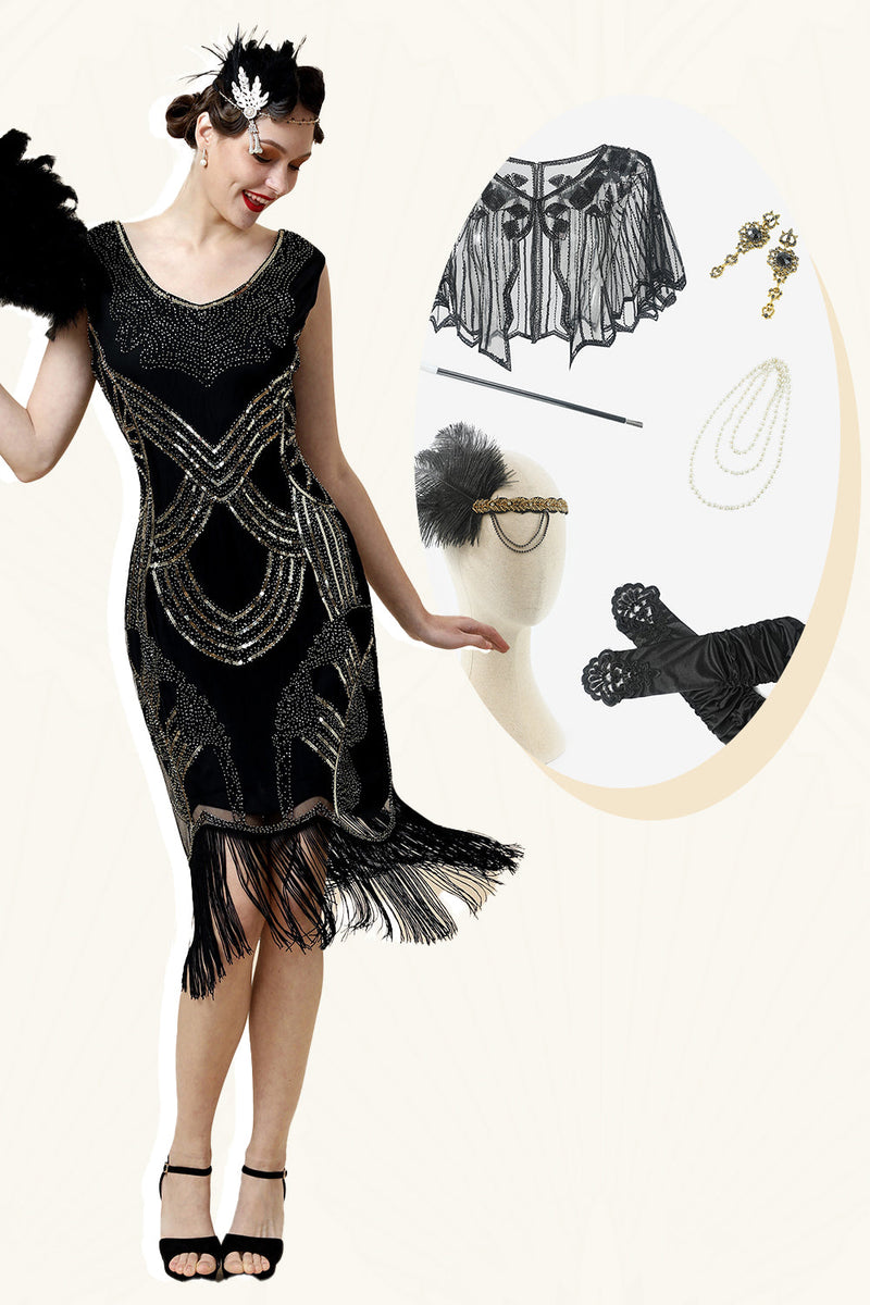 Charger l&#39;image dans la galerie, Robe de soirée Gatsby Flapper des années 20 à paillettes noire avec ensemble d’accessoires des années 20