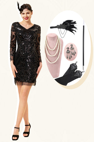 Noir à paillettes à manches longues 1920s Gatsby Flapper Party Dress avec 20s Accessoires Set