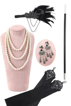 Noir à paillettes à manches longues 1920s Gatsby Flapper Party Dress avec 20s Accessoires Set