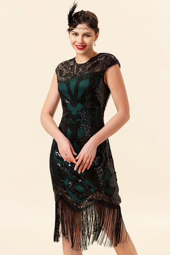 Franges à paillettes noires et vertes Gatsby Flapper Party Dress des années 20 avec accessoires des années 20