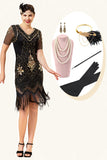 Manches courtes noires et dorées Franges pailletées Années 20 Robe Gatsby Flapper avec 20s Accessoires Set