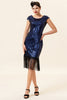 Charger l&#39;image dans la galerie, Robe Gatsby à franges paillettes bleues avec ensemble d’accessoires des années 20