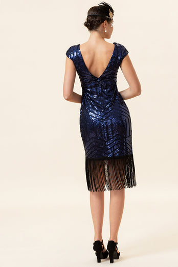 Robe Gatsby à franges paillettes bleues avec ensemble d’accessoires des années 20