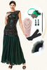 Charger l&#39;image dans la galerie, Robe longue à long clapet perlée verte avec ensemble d’accessoires des années 20