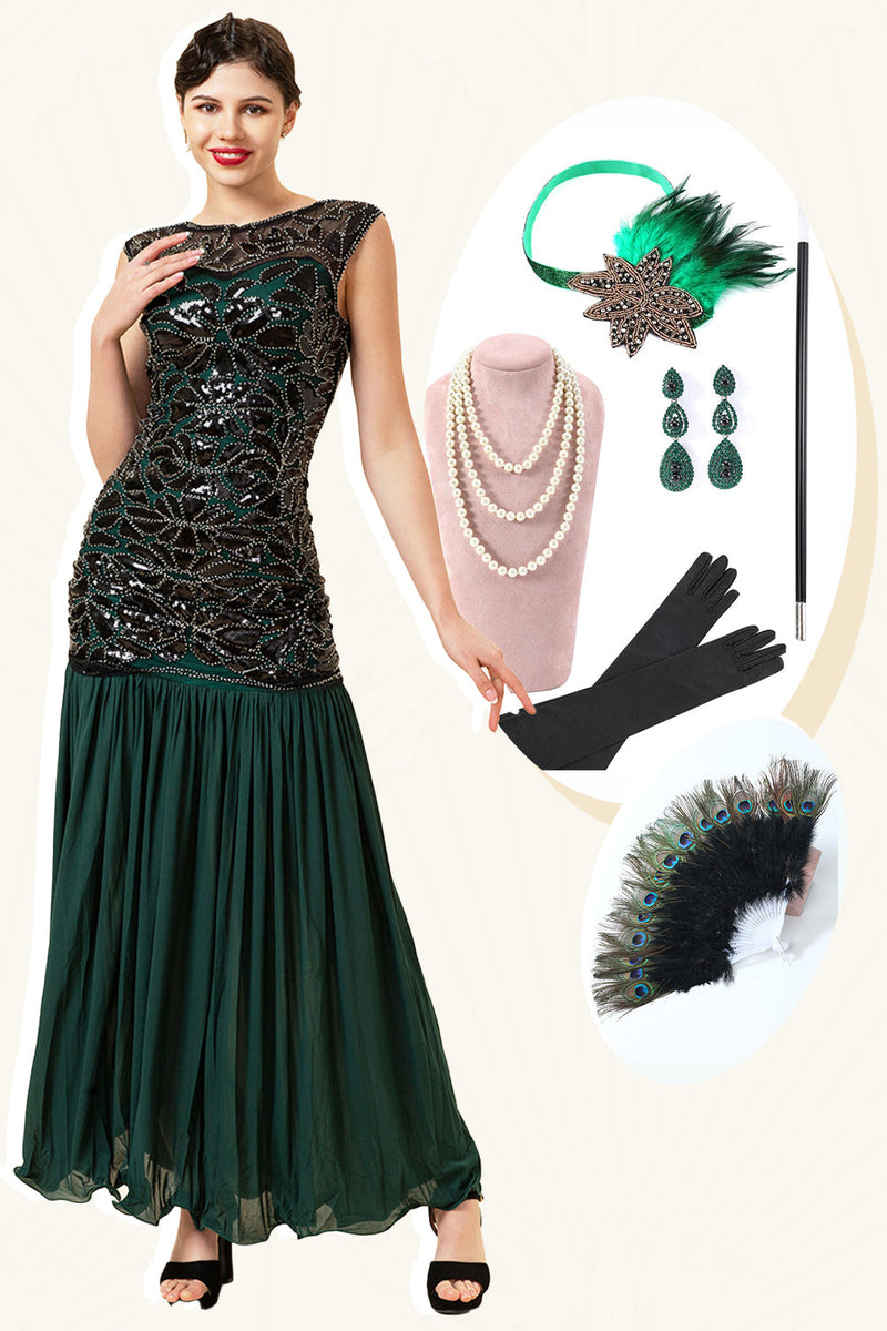 Zapaka Femmes Vert foncé Pailleté Frangée des années 20 Robe Gatsby avec  ensemble d'accessoires – ZAPAKA FR