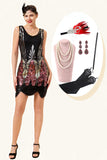 Red Sequins Fringes Flapper Dress avec 20s Accessoires Set