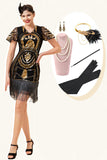 Robe à paillettes dorées à franges avec ensemble d’accessoires des années 20