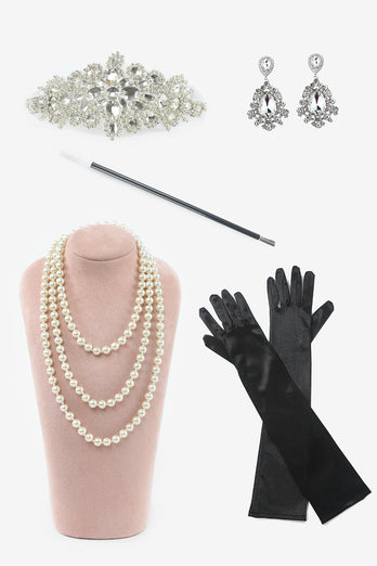 Paillettes noires Robe Gatsby à franges avec ensemble d’accessoires des années 20