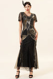 Sequins Golden Long Flapper Dress avec ensemble d’accessoires des années 20