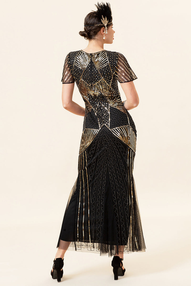 Charger l&#39;image dans la galerie, Sequins Golden Long Flapper Dress avec ensemble d’accessoires des années 20