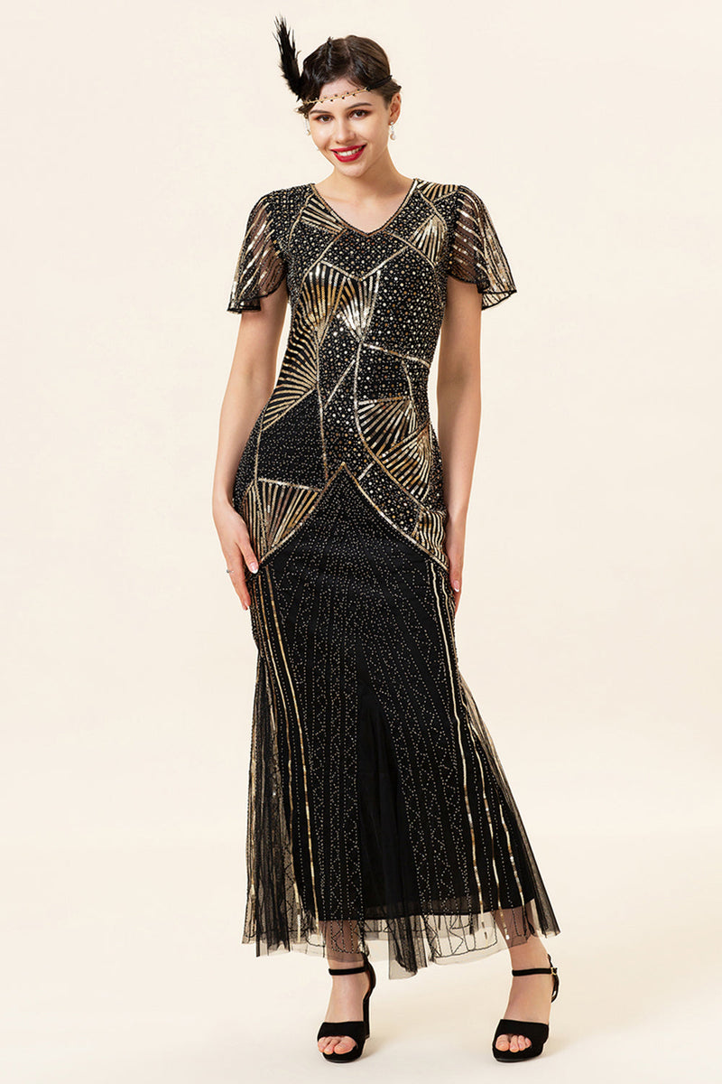 Charger l&#39;image dans la galerie, Sequins Golden Long Flapper Dress avec ensemble d’accessoires des années 20