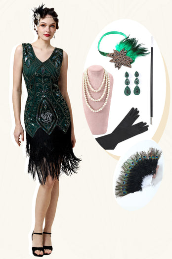 Robe Gatsby à franges vertes avec ensemble d’accessoires des années 20