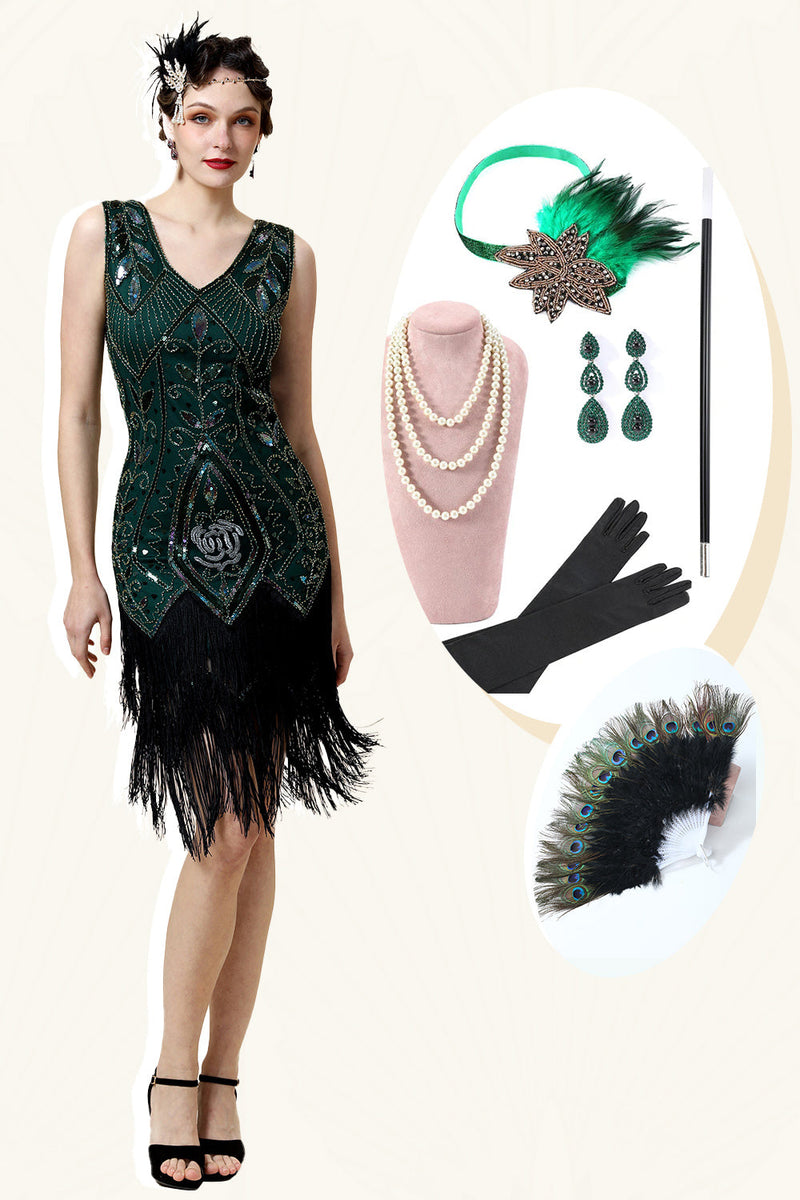 Charger l&#39;image dans la galerie, Robe Gatsby à franges vertes avec ensemble d’accessoires des années 20