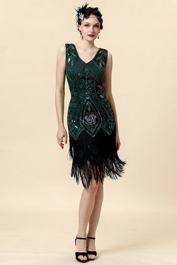 Robe Gatsby à franges vertes avec ensemble d’accessoires des années 20