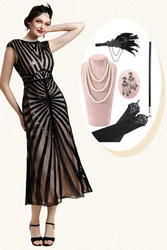 Robe à paillettes noires Glitter Midi Flapper avec ensemble d’accessoires des années 20