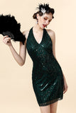 Robe Gatsby verte à sequins et licou avec 20s Accessoires Set