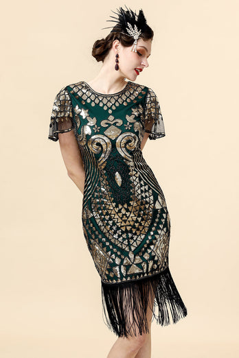 Robe Flapper à Paillettes Vertes avec ensemble d’accessoires des années 20