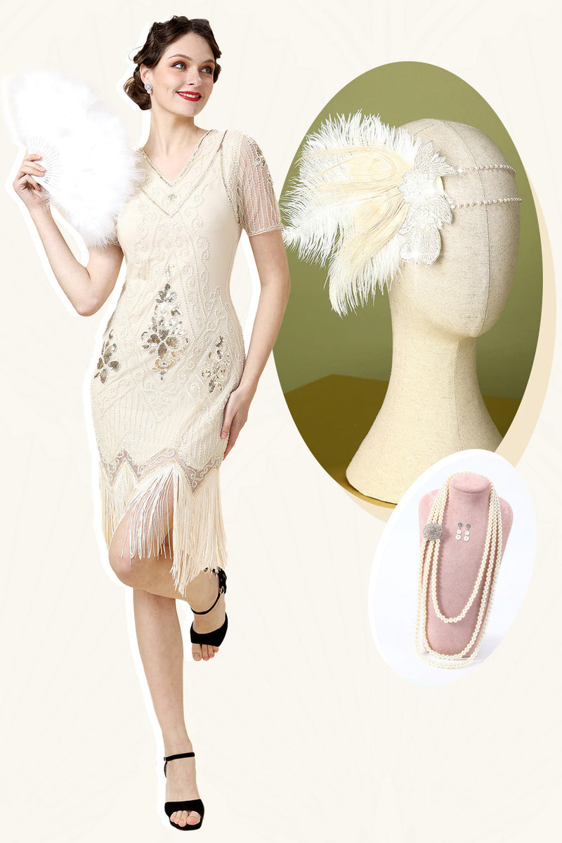 Zapaka Femmes Champagne Franges 1920s Gatsby Robe avec Accessoires Set –  ZAPAKA FR